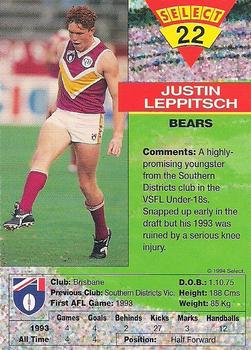 1994 Select AFL #22 Justin Leppitsch Back